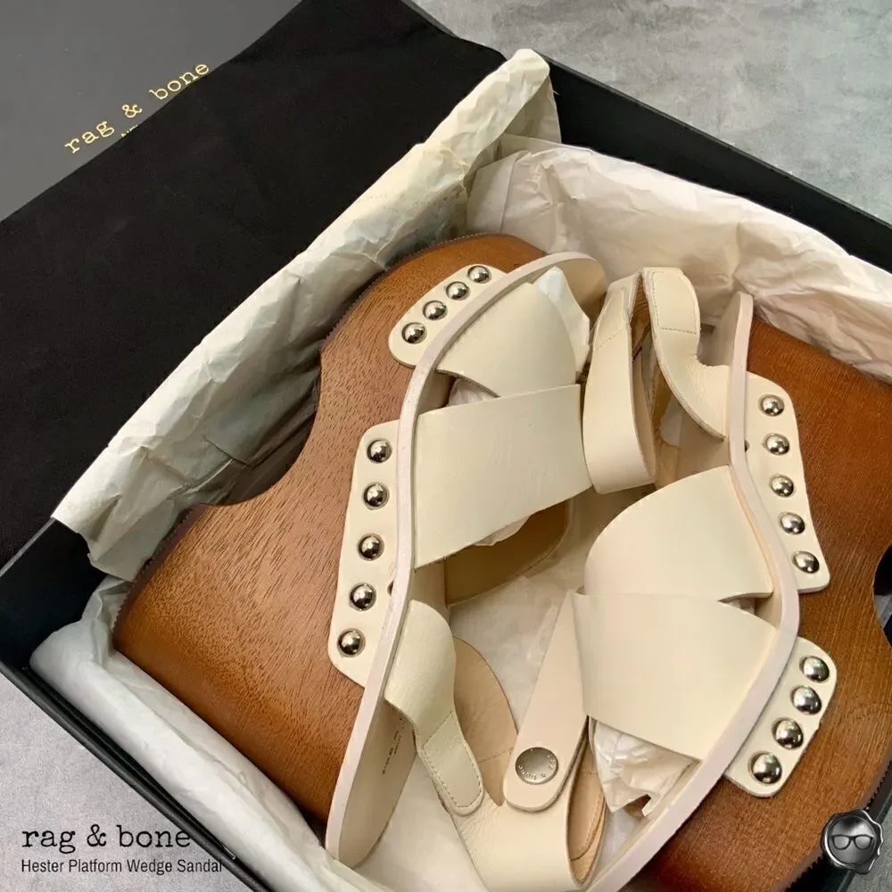 RAG & BONE HESTER LEATHER ANKLE-STRAP WEDGE PLATFORM SANDALS IN IVORY SIZE 9